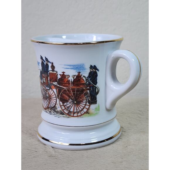 Mustache Shaving Mug Gold Rim 4" Porcelain Fireman Horse-Drawn Wagon 80s Vintage - Picture 3 of 13